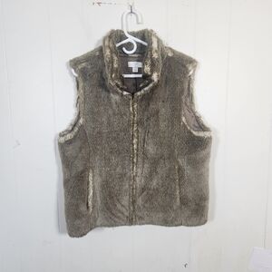 Loft Faux Fur Bomber Fall Vest Neutral Brown Zip Up Size Womens 16